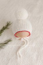 Knitted Baby newborn bonnet, beads, creamy off white, Christmas, red, RTS