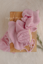 Baby newborn girl Knitted bonnet and Long wrap, Pastel pink, RTS