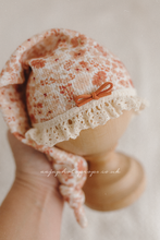 Baby newborn sleepy hat, knot, rust orange, floral, lace, RTS