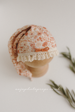 Baby newborn sleepy hat, knot, rust orange, floral, lace, RTS