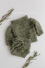 Knitted Baby newborn sweater and bloomers, old green, made to order