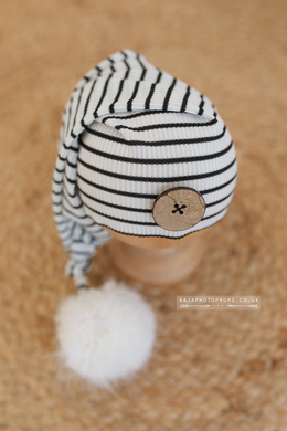 Baby newborn striped sleepy hat, white, black, pom pom, RTS