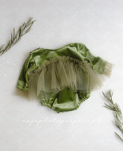 Newborn baby girl romper, vintage, olive green, velvet, khaki tulle, boho, RTS