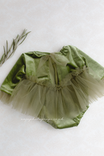 Newborn baby girl romper, vintage, olive green, velvet, khaki tulle, boho, RTS