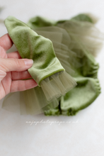 Newborn baby girl romper, vintage, olive green, velvet, khaki tulle, boho, RTS
