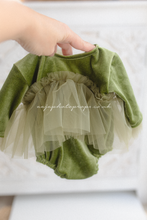 Newborn baby girl romper, vintage, olive green, velvet, khaki tulle, boho, RTS