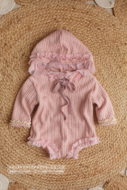 Vintage style hooded romper, 9-12 months size, pink, blush, lace, boho, RTS