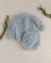 Knitted Baby newborn sweater and bloomers, light dusty blue, made to order