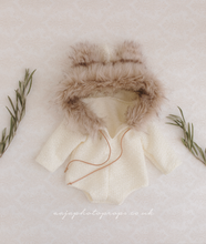Baby newborn eskimo hoodie romper, Ivory off white, faux fur, Christmas, RTS