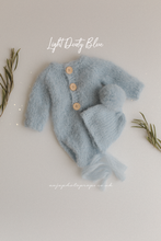 Baby newborn knitted romper and bonnet set, grey, blue, made to order
