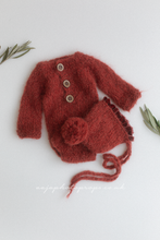 Knitted Baby newborn romper and bonnet with velvet, rust red orange, RTS
