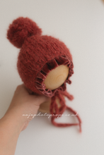 Knitted Baby newborn romper and bonnet with velvet, rust red orange, RTS