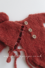 Knitted Baby newborn romper and bonnet with velvet, rust red orange, RTS