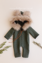 Baby newborn eskimo hoodie romper, green, faux fur, Christmas, RTS