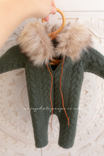 Baby newborn eskimo hoodie romper, green, faux fur, Christmas, RTS