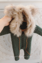 Baby newborn eskimo hoodie romper, green, faux fur, Christmas, RTS