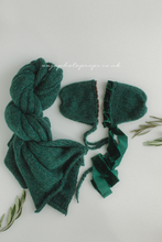 Newborn baby knitted Long wrap, 2x bonnets, velvet ties, beads, teal green,  Made to order