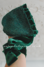 Newborn baby knitted Long wrap, 2x bonnets, velvet ties, beads, teal green,  Made to order