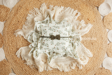 Boho layer, pillow, bow tieback set, cream, floral, tassels, sage, RTS