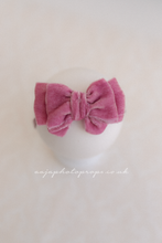 Baby newborn girl velvet bow tieback, double, pink lilac, soft, RTS