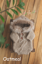 Beige oatmeal knitted newborn romper, fur hood, winter, RTS