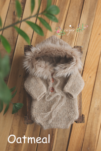 Beige oatmeal knitted newborn romper, fur hood, winter, RTS
