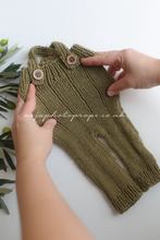 Baby newborn dungarees, boho, straps, khaki green, lifestyle photography props, RTS