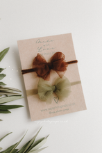 A set of two bow tiebacks, brown, green, tulle, RTS