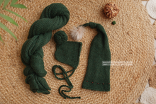 Newborn baby knitted Long wrap, hat, bonnet set, dark green, Made to order