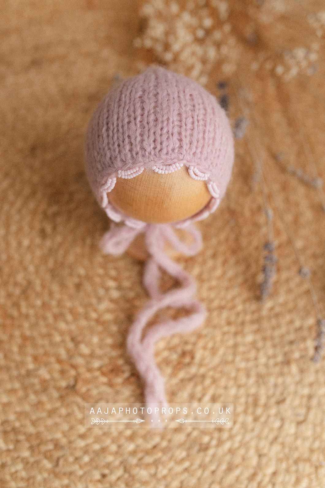 Knitted Baby newborn bonnet, pink, beaded edge, RTS