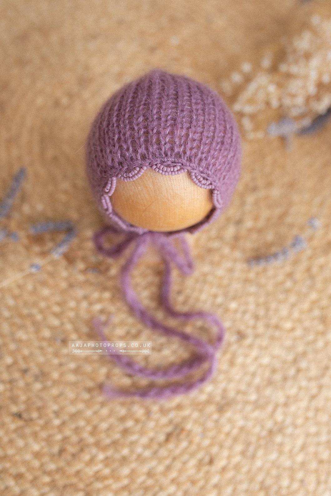 Knitted Baby newborn bonnet, mauve, beaded edge, RTS