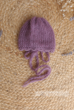 Knitted Baby newborn bonnet, mauve, beaded edge, RTS