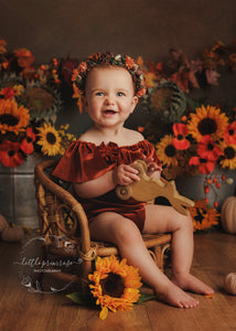 Baby 9-12 months size girl velvet romper, frilly, rust, burnt orange, Made to order