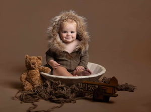 Baby 9-12 months sitter romper, neutral, faux fur, beige, eskimo, taupe, made to order