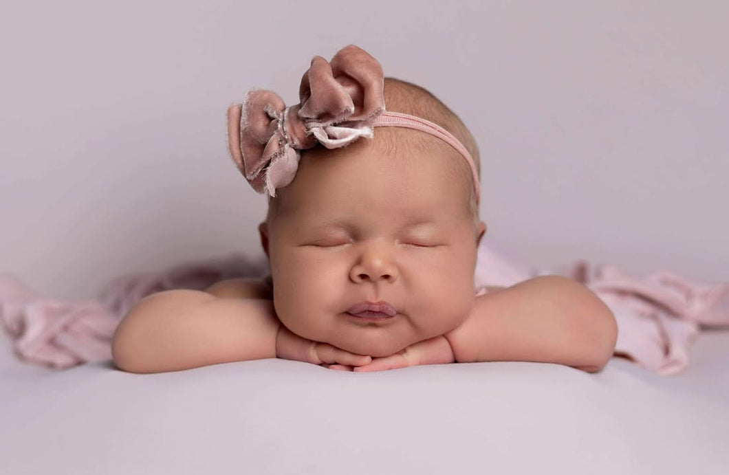 Velvet newborn and sitter girl tieback, dusty pink, double, RTS