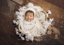 Baby newborn knitted beaded wrap and bonnet, cream, boho, made to order