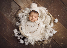 Baby newborn knitted beaded wrap and bonnet, cream, boho, made to order