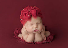 Baby turban hat, pearl, newborn, red, gold, bow, RTS