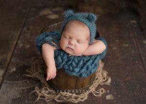 Chunky layer, wrap, bonnet, toy set, soft, teal, bear, Made to order