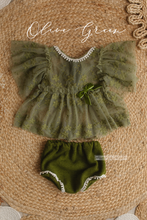 6-12 months size baby top/dress, nappy cover, lace, olive green, boho, lace, RTS