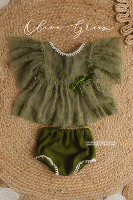 6-12 months size baby top/dress, nappy cover, lace, olive green, boho, lace, RTS