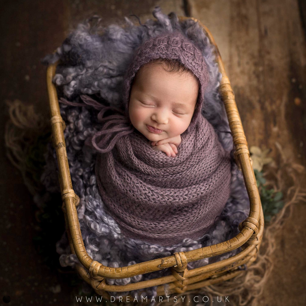 Baby newborn knitted wrap and bonnet set, plum, mauve, made to order