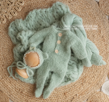 Baby newborn knitted romper, bear bonnet, wrap, layer, dusky blue, made to order