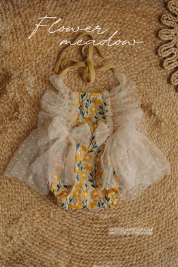 Baby 9-12 months size romper, yellow, beige, boho, flowers, RTS