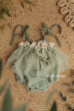 Baby 6-12 months size light sage green romper, vintage style, boho, made to order