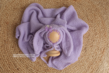 Knitted bunny bonnet with flowers and tulle, matched with knitted wrap, lilac purple colour