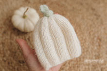 Knitted Baby newborn hat, white pumpkin, off white, green, RTS