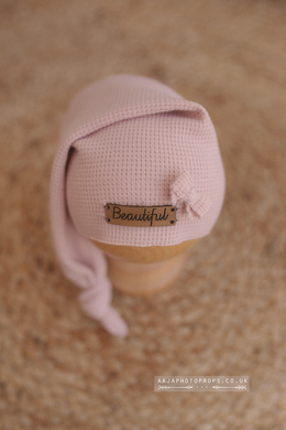 pastel pink knot slouch hat for newborn engraved patch beautiful