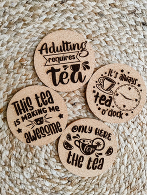 Coffee/tea coasters, cork, engraved, Set of 4, RTS
