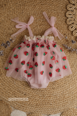 Baby 6-12 months size Strawberry romper, vintage style, boho, pink, RTS